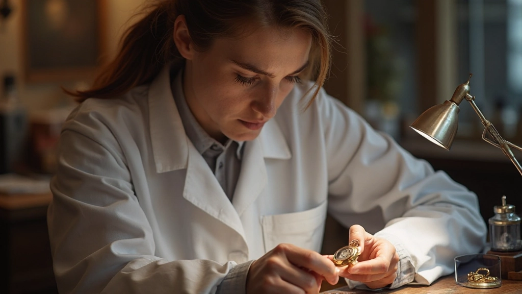 Horlogist inspekterar en guldklocka med förstoringsglas i ett fint verkstad