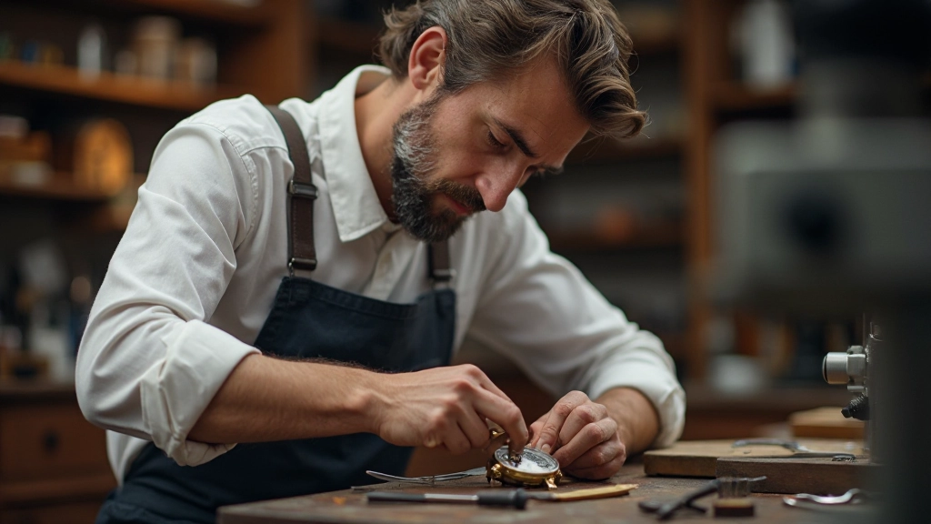 Horlogist arbetar med mikroskop och fina verktyg på en klassisk klocka