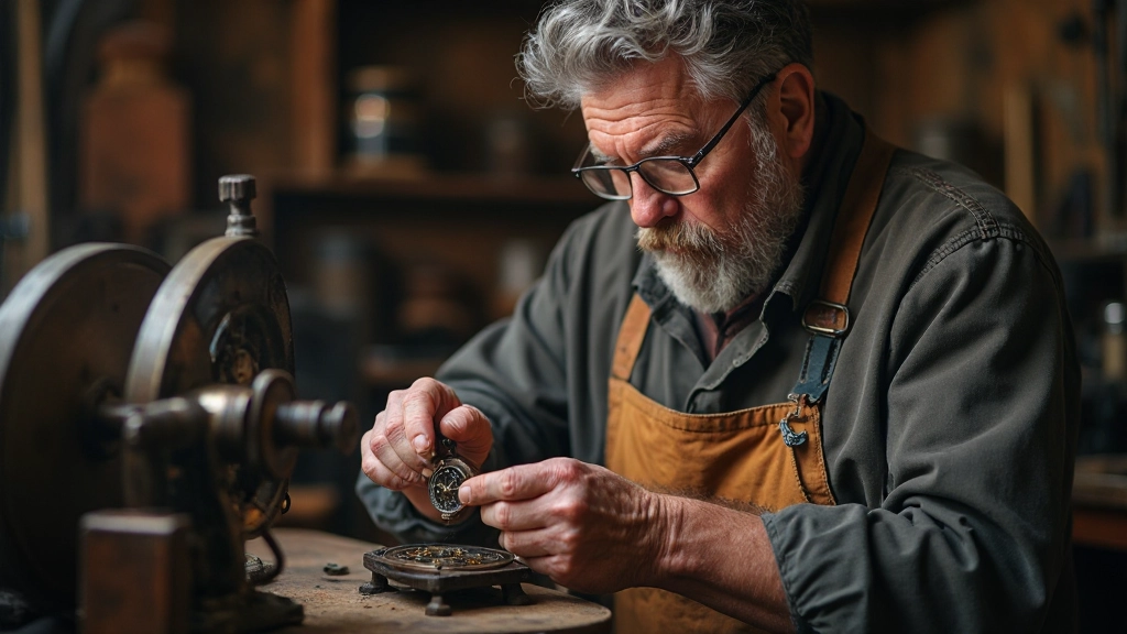 Horlogist använder traditionella verktyg för att restaurera en klassisk klocka